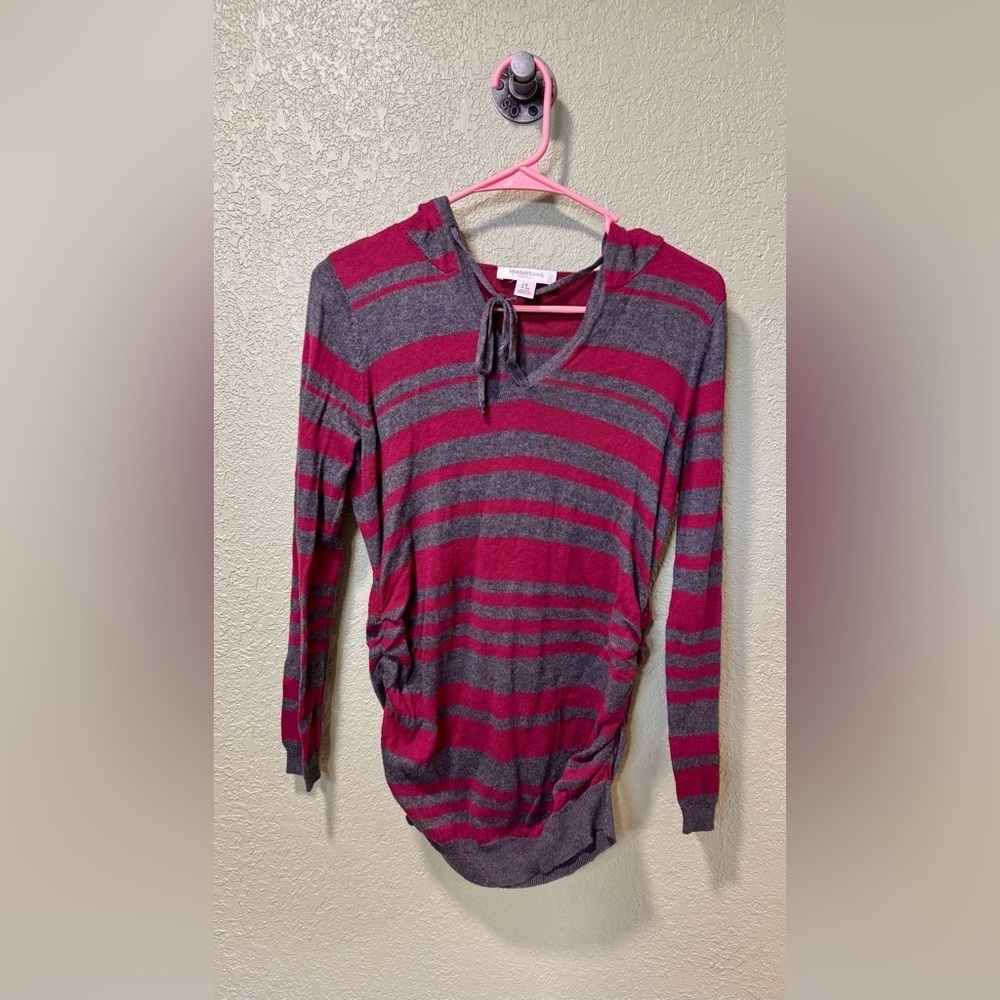Motherhood Maternity Striped Hoodie in Pink and Gray